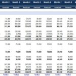 Pro forma balance sheet showing monthly projections for assets and liabilities for 12 months.