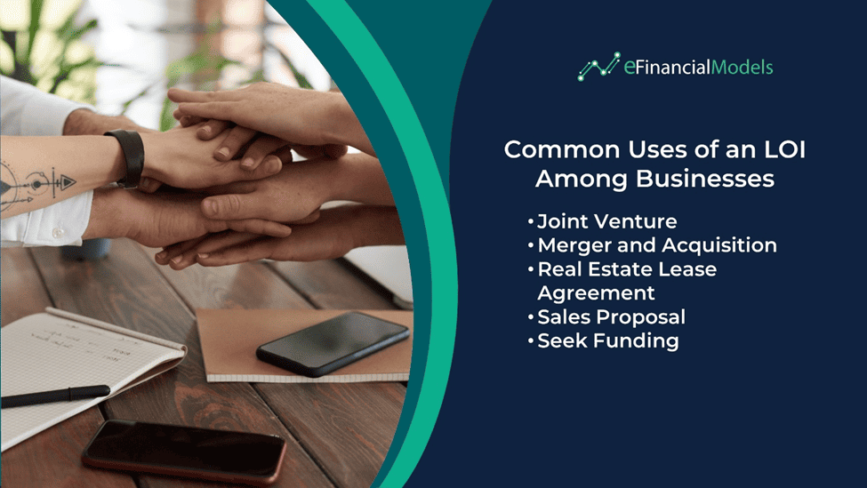 Common Uses of a Letter of Intent in Business | eFinancialModels Visual representation of common business uses for a Letter of Intent (LOI) including joint ventures and mergers.
