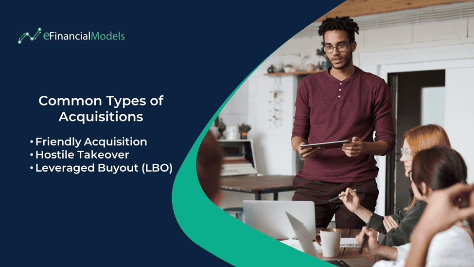 Types of Acquisitions Overview | eFinancialModels Chart illustrating friendly acquisition, hostile takeover, and LBO types.