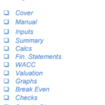 Checklist of sections in the Moving Services DCF model, including inputs and financial statements.