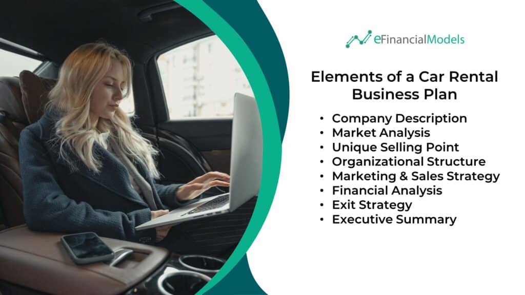 Key Components of a Car Rental Business Plan | eFinancialModels Infographic outlining crucial factors for a car rental business plan.