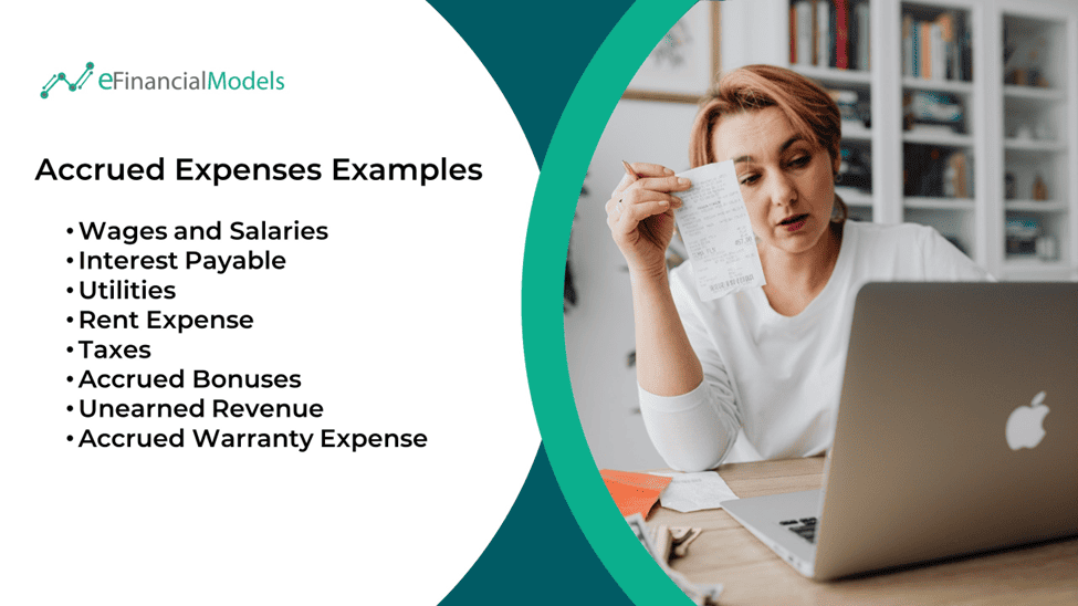 Examples of Accrued Expenses in Financial Modeling | eFinancialModels Examples of accrued expenses including wages, utilities, and taxes.