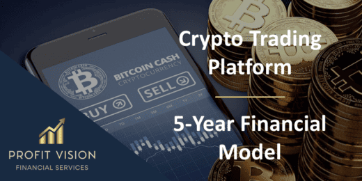 Financial model layout for a cryptocurrency trading platform showing buy/sell options.