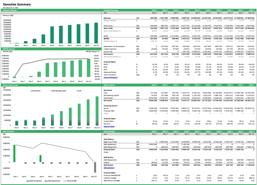 Financial Model Executive Summary | eFinancialModels Executive summary displaying revenue, EBITDA, and balance sheet forecasts in Excel.