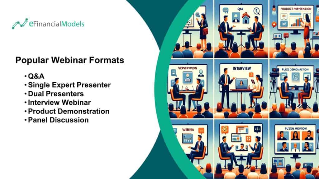 Popular Webinar Formats Overview | eFinancialModels Visual summary of popular webinar formats: Q&A, interviews, demonstrations, and discussions.