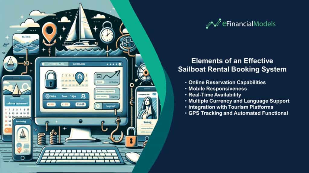 Key Features of Sailboat Rental Booking Systems | eFinancialModels Diagram showcasing key elements of a sailboat rental booking system, including online reservations and mobile responsiveness.