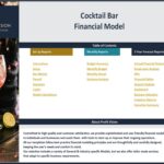 Table of contents listing key reports in the cocktail bar financial model template.