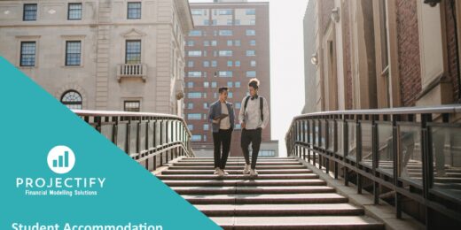 Two students walking near a university, illustrating student accommodation financial projections.