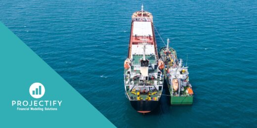 Ship-to-ship fuel transfer depicting financial projections in the maritime industry.