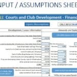 Financial model input sheet for pickleball court development costs and leasing options.