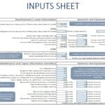 Inputs sheet detailing development and maintenance costs for squash courts.
