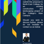 Formal proposal cover for North-East College construction project, featuring contact details.