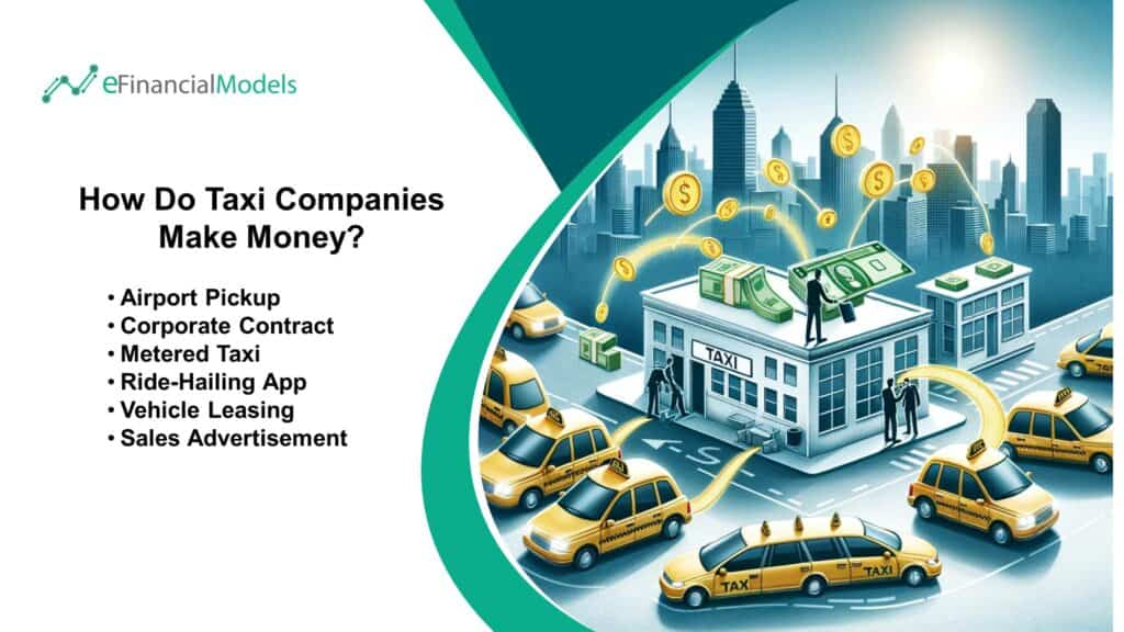 Revenue Streams for Taxi Companies Explained | eFinancialModels Key revenue sources for taxi companies illustrated with income streams and cityscape graphics.