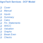 Overview of AgroTech DCF model sections, including inputs and financial statements.