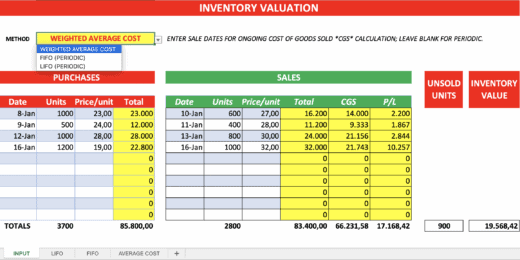 Inventory Valuation Calculator (LIFO, FIFO, AVERAGE COST)