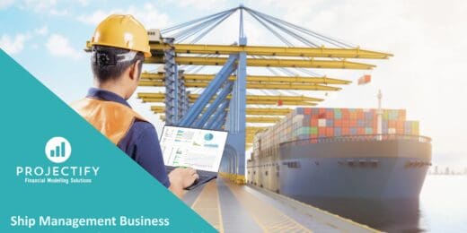 Financial projection analysis for ship management on a laptop in a port setting.