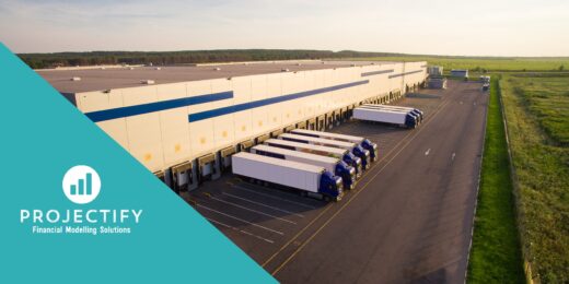 Financial projection model for industrial warehouses with trucks and facilities.