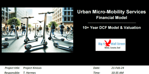 Financial model cover for Urban Micro-Mobility Services featuring scooters and DCF valuation details.