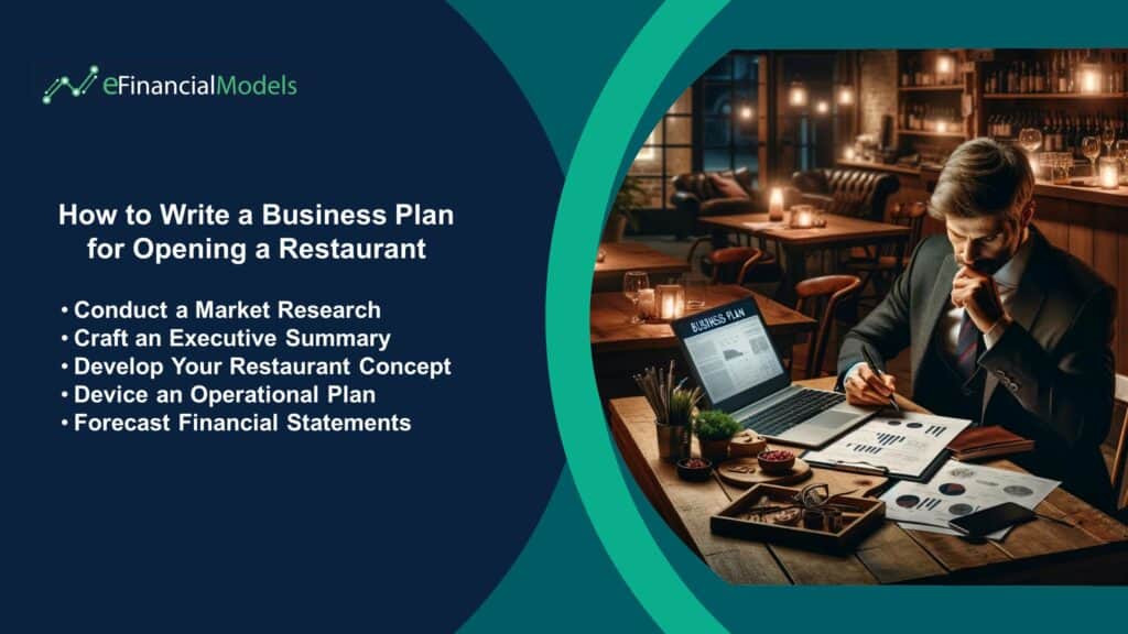 Key Steps for Writing a Restaurant Business Plan | eFinancialModels Visual guide featuring steps to write a business plan for a restaurant, highlighting market research and financial forecasts.