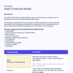 SaaS financial model template displaying key metrics and user instructions.