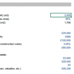 Inputs for property development costs including GIA and construction fees.