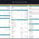Detailed financial model setup for a baby swimming school, showing assumptions and cash flow sources.
