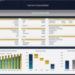Executive summary of crop farm financial model with key metrics and charts.