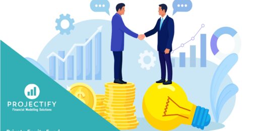 Business professionals discussing a private equity financial projection model.