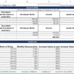Input sheet showing asset costs and payroll details for financial modeling.