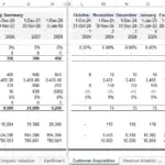 User acquisition metrics in Excel, showing yearly summaries and sales representatives' data.