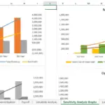 Graphs showing financial projections: actual, moderate, low, and optimistic revenue scenarios.