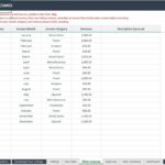 Income tracking template listing months, categories, and revenue amounts for 2024.