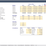Financial Model Inputs Overview | eFinancialModels Detailed financial input sheet showing revenue, costs, and rates for five products over four years.