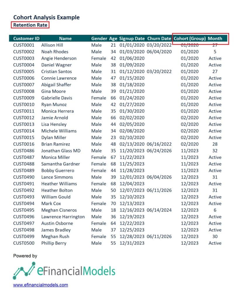 Cohort Analysis Example for Retention Rates | eFinancialModels 5 - Cohort Analysis Example Cohort Formula Define Metric