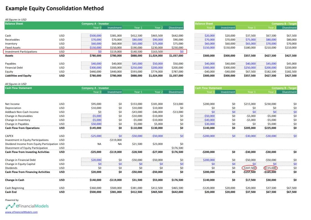 Equity Accounting Method: Balance Sheet and Cash Flow Example | eFinancialModels 6 - Equity Accounting Method Balance Sheet