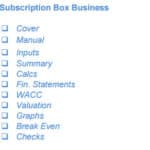 Sections of a subscription box business financial model template checklist.