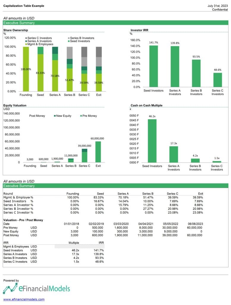 Capitalization Table Example for Investors | eFinancialModels Capitalization table showing share ownership, IRR, and valuation for multiple investment rounds.