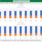 Monthly Cash Flow Projections for 2023 and 2024 | eFinancialModels Bar chart depicting hotel cash inflow and outflow by month for 2023 and 2024.