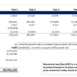 DCF Valuation Model Overview for Cash Flows | eFinancialModels DCF valuation model illustrating cash flows, terminal value, and growth rates over five-year projections.