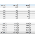 Financial projections for a hair salon, detailing customer numbers and service fees by month.