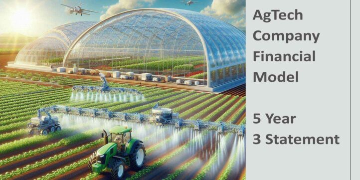 AgTech Company Financial Model Overview | eFinancialModels Illustration of modern AgTech with drones and tractors in a greenhouse setting.