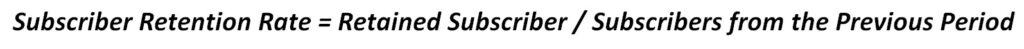 Subscriber Retention Rate Calculation Formula | eFinancialModels Formula for Subscriber Retention Rate showing retained subscribers versus previous period subscribers.