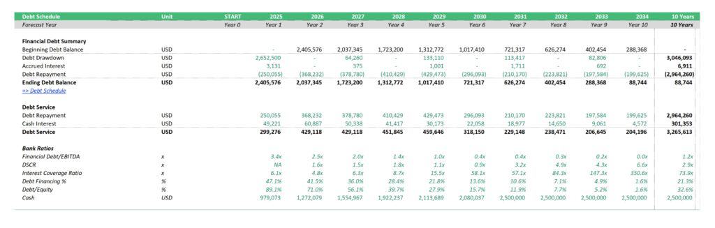 Annual Debt Schedule and Financial Ratios Overview | eFinancialModels 7 - Calendario de la deuda