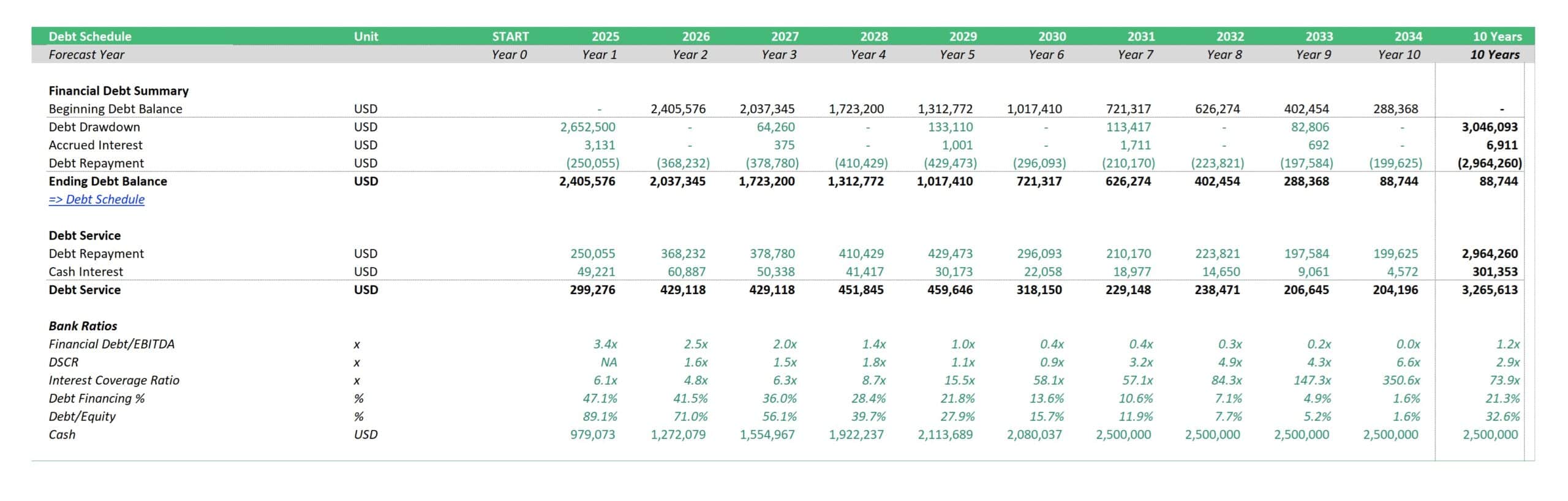 Annual Debt Schedule and Financial Ratios Overview | eFinancialModels 7 - Debt Schedule