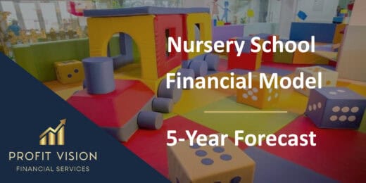 Colorful nursery school play area with financial model title and forecast