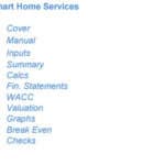 List of sections in the Smart Home Services financial model template.
