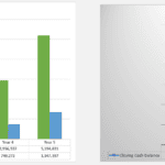 Charts showing revenue versus direct costs projections and cash flow summary from Year 1 to Year 5.
