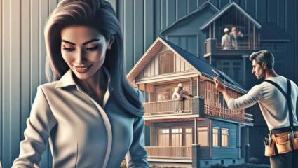 Woman analyzing blueprints for house renovation; construction in background.