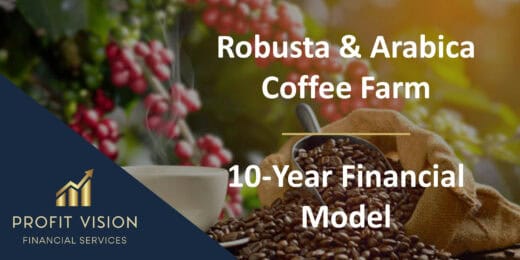Financial model for robusta and arabica coffee farming over ten years.