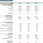 Excel table showing financial metrics and ratios for Amazon FBA, including revenue, gross profit, and key performance indicators.